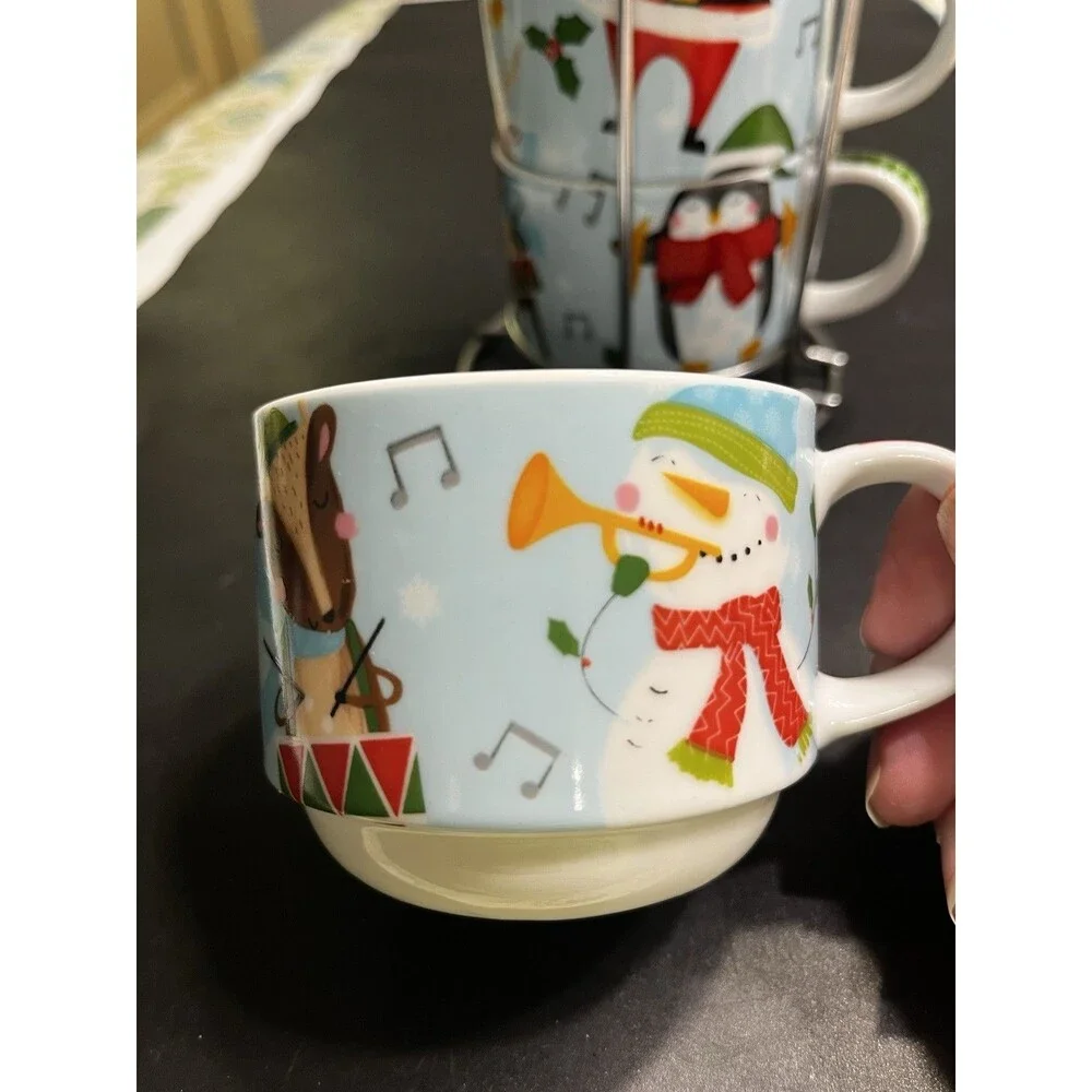 Pier 1 Stackable Santa Snowman Christmas Mugs w Metal Holder